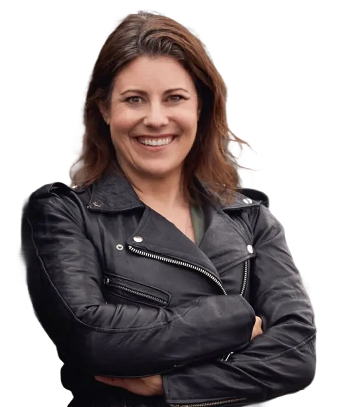 Woman wearing a black leather jacket smiling with arms crossed.