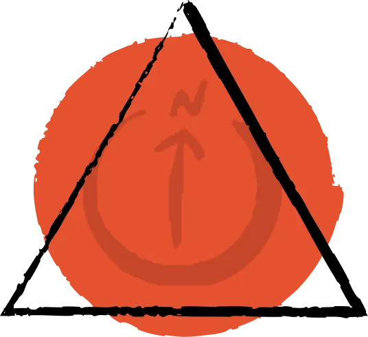 Red circular symbol with a triangle and upward arrow inside.