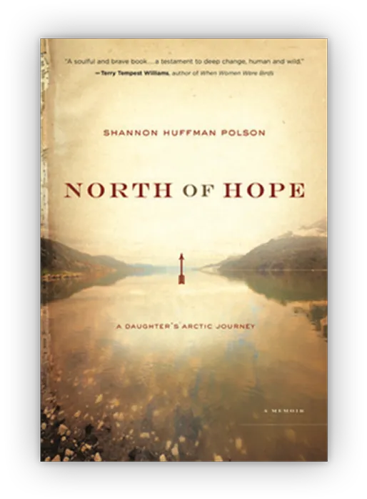 Book cover with a calm Arctic landscape and a distant marker