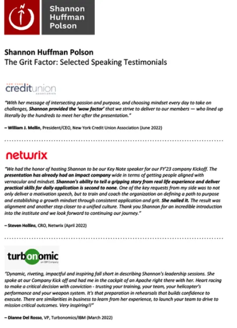 Preview of Shannon Huffman Polson's speaking testimonials