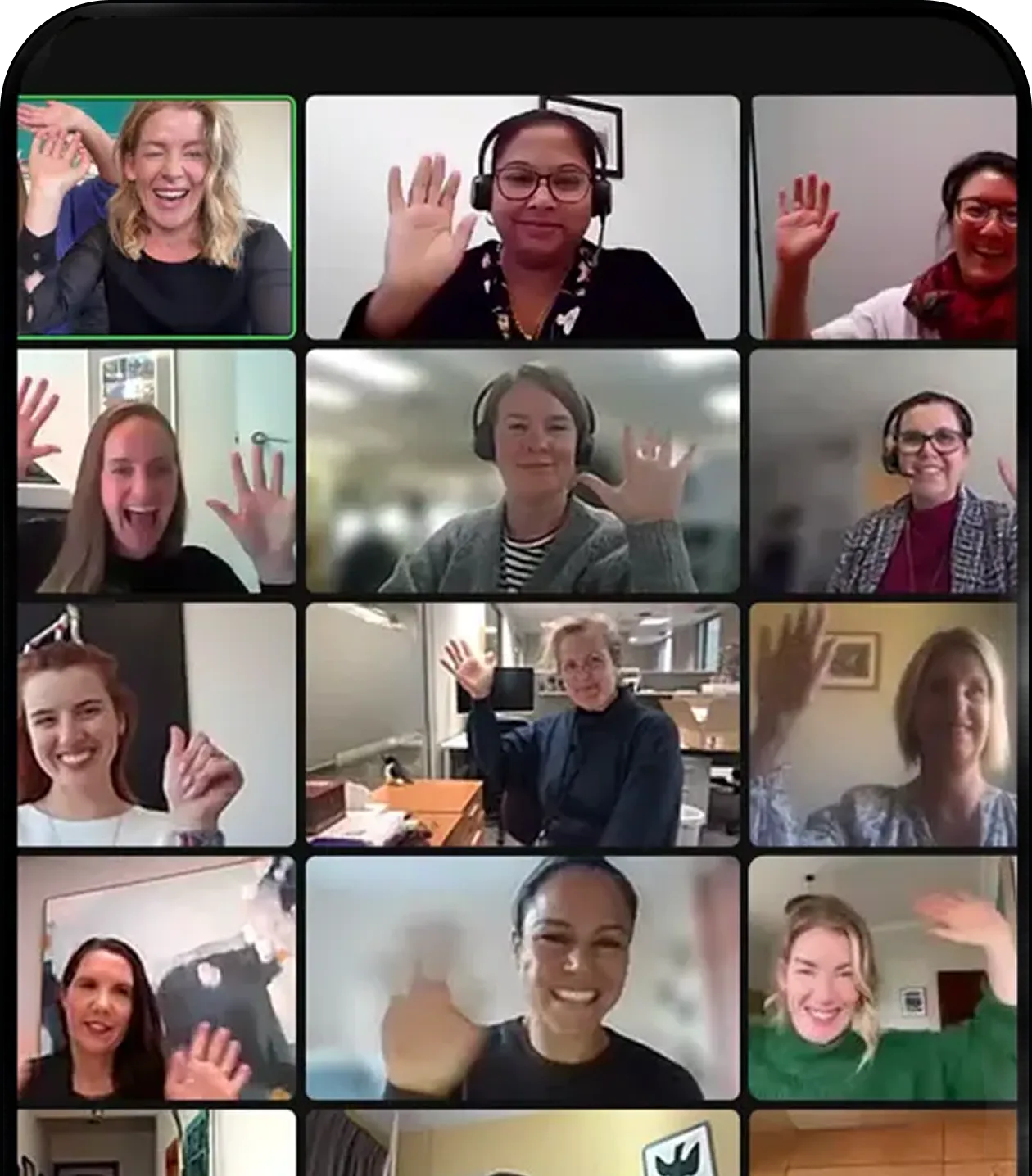 Grid view of people waving during a virtual video meeting